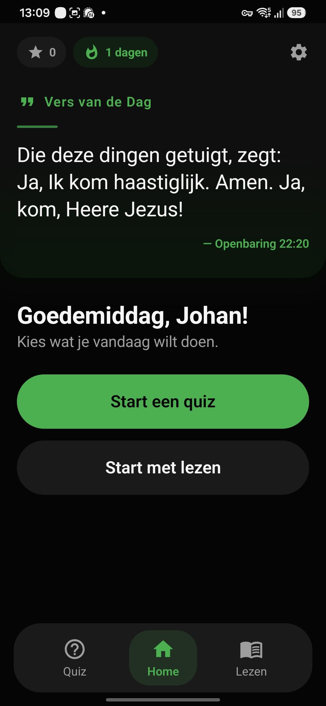 Het startscherm van de BijbelQuiz-app
